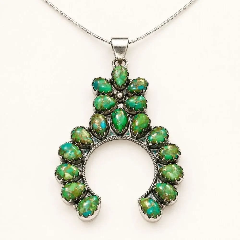 Green Turquoise Naja Pendant Necklace Silver Cluster Horseshoe Boho Western